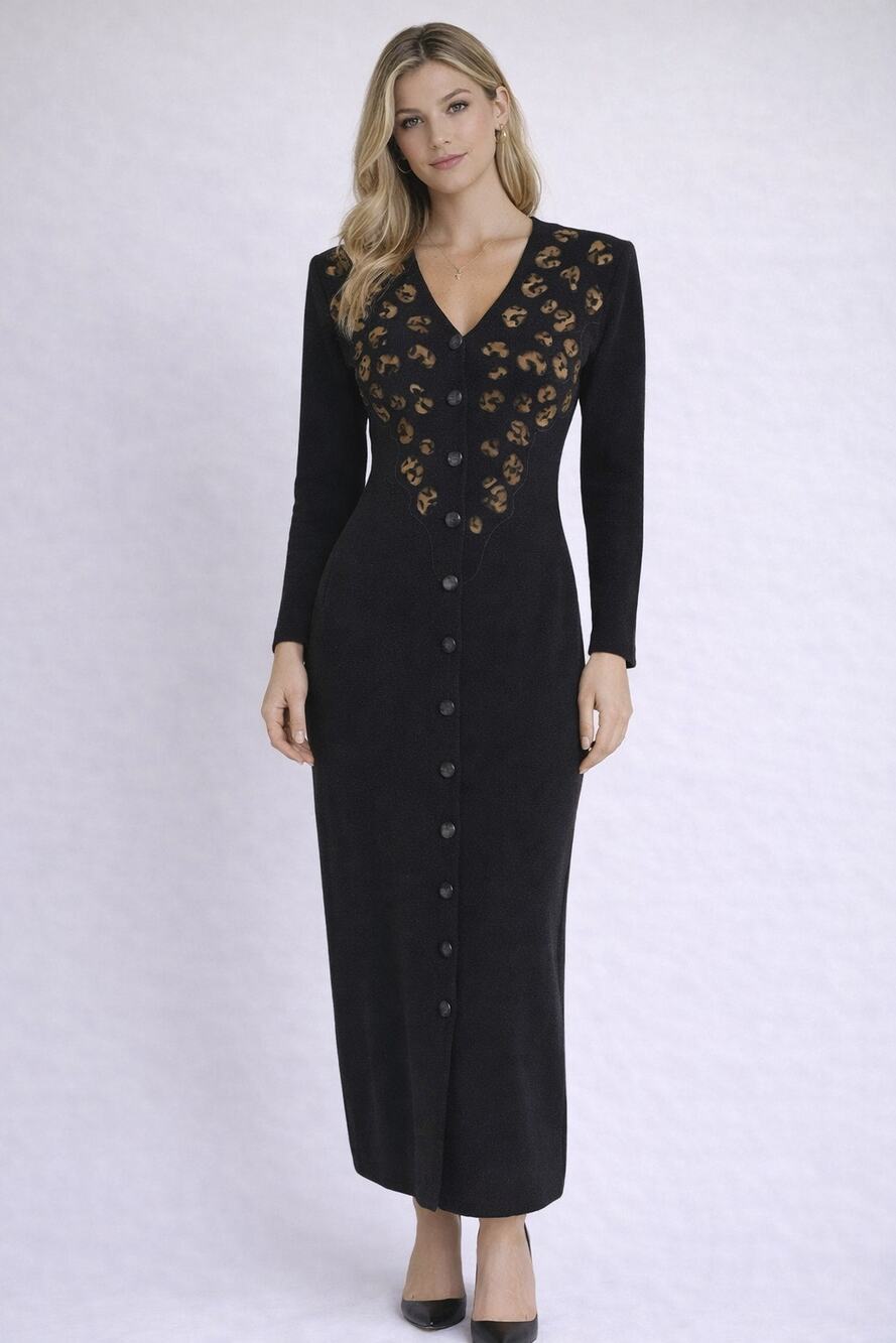 Carole Little Vintage Maxi Dress Long Sleeves Leopard Animal Print Womens Wool